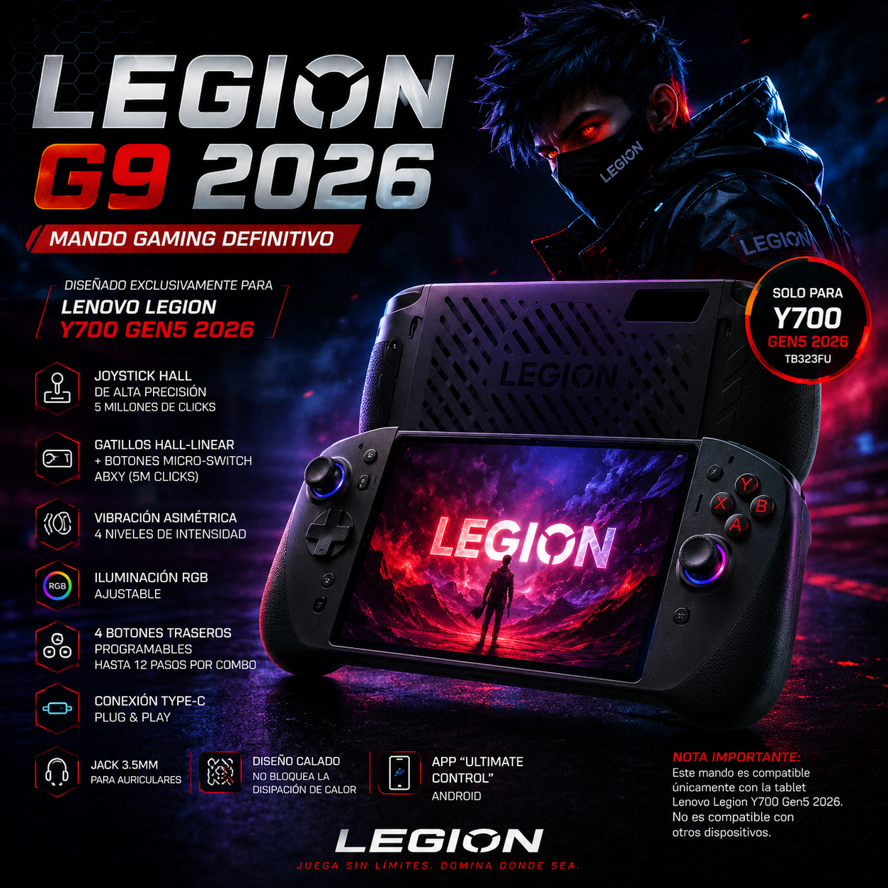 Legion G9 2026 LGC910 - Mando Gaming RGB para Lenovo Legion Y700 Gen5