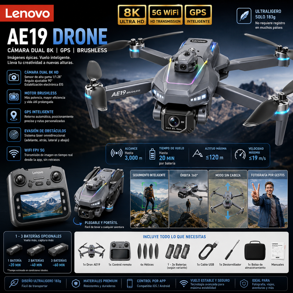Dron Lenovo AE19 Cámara 8K HD Dual – GPS, Motor Brushless, WiFi FPV, Evasión Obstáculos, Plegable