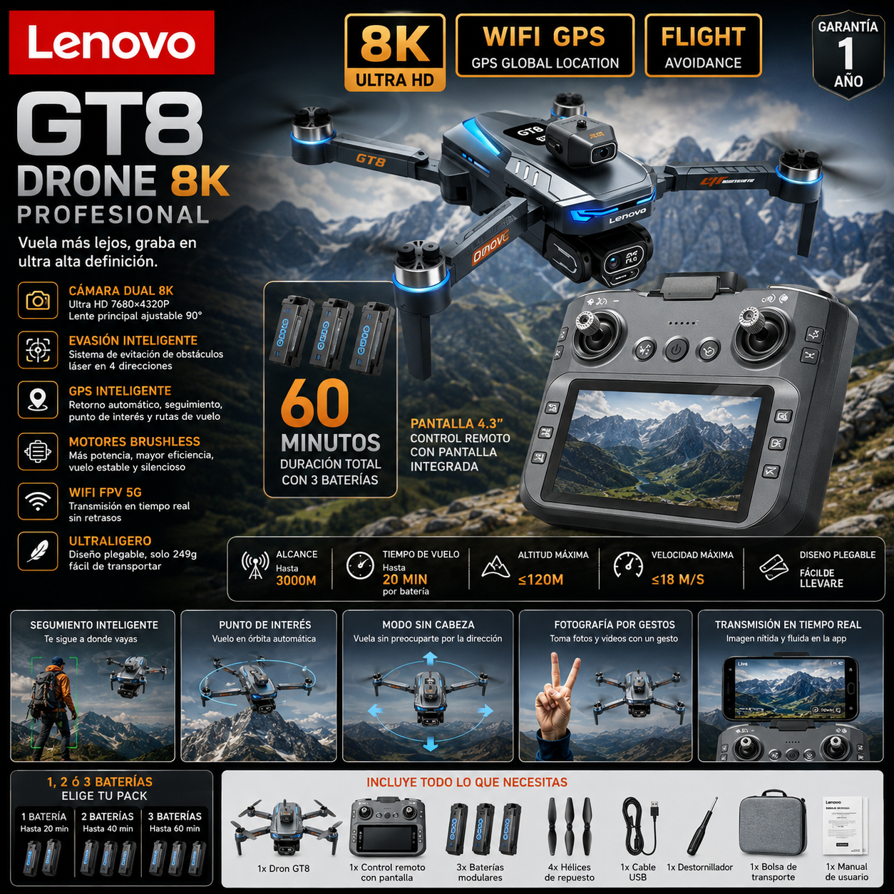 Dron Lenovo GT8 Cámara Dual 8K HD – Motor Brushless, WiFi FPV 5G, Pantalla 4.3", Plegable, Cuadricóptero