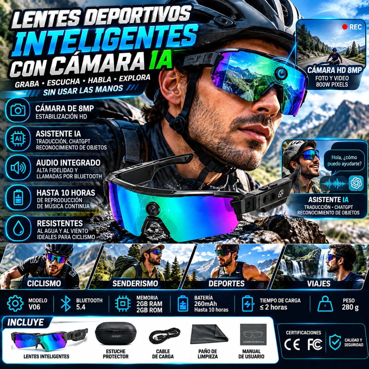 Lentes Deportivos Inteligentes con Cámara IA | 8MP, Bluetooth, Resistentes al Agua