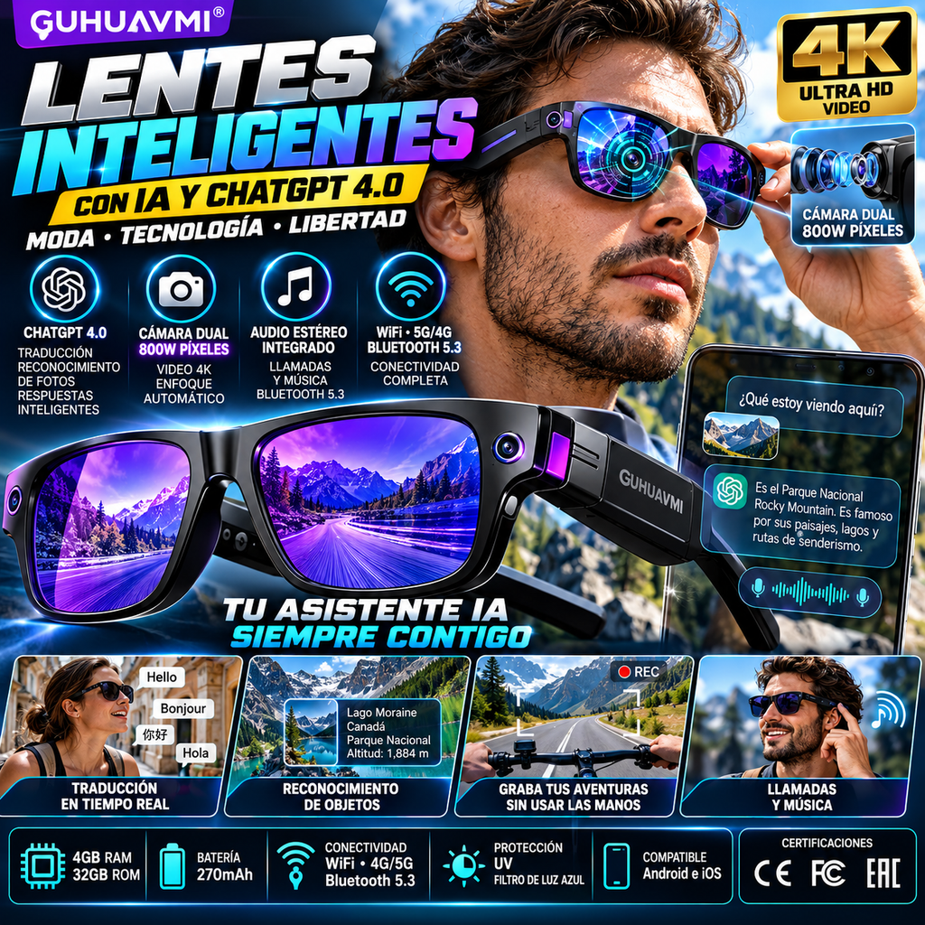 Lentes Inteligentes GUHUAVMI con Cámara IA y ChatGPT | 800W, Doble Lente, Bluetooth 5.3