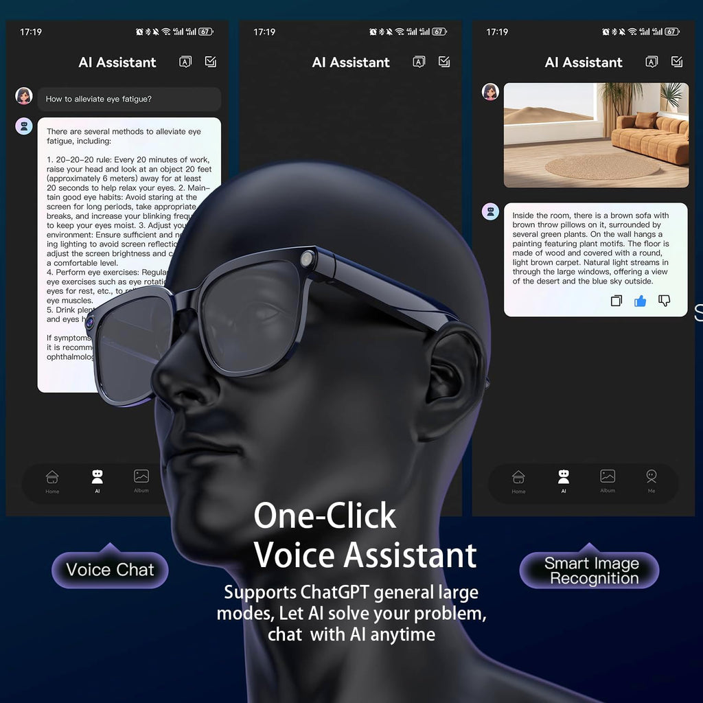 Gafas inteligentes con IA, correa, cámara, traducción de fotos, reconocimiento Bluetooth
