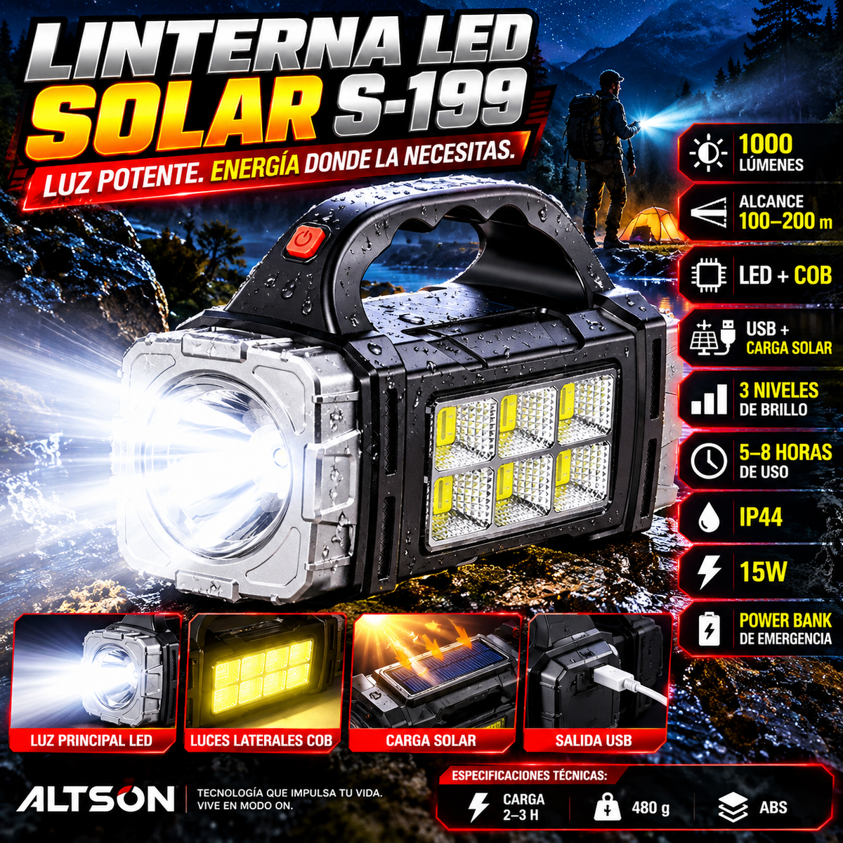 Linterna LED Recargable USB y Solar | Alta Potencia para Camping y Exteriores