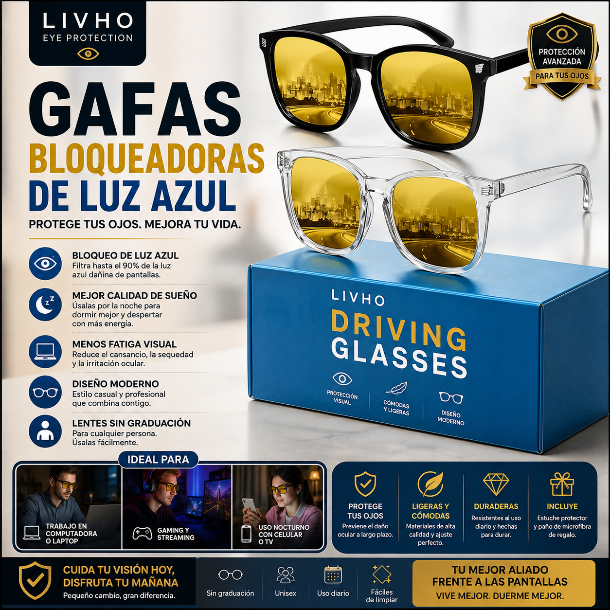 Gafas Bloqueadoras de Luz Azul Livho | Conducción Nocturna UV400 | Livho Blue Light Blocking Glasses Night Driving UV400