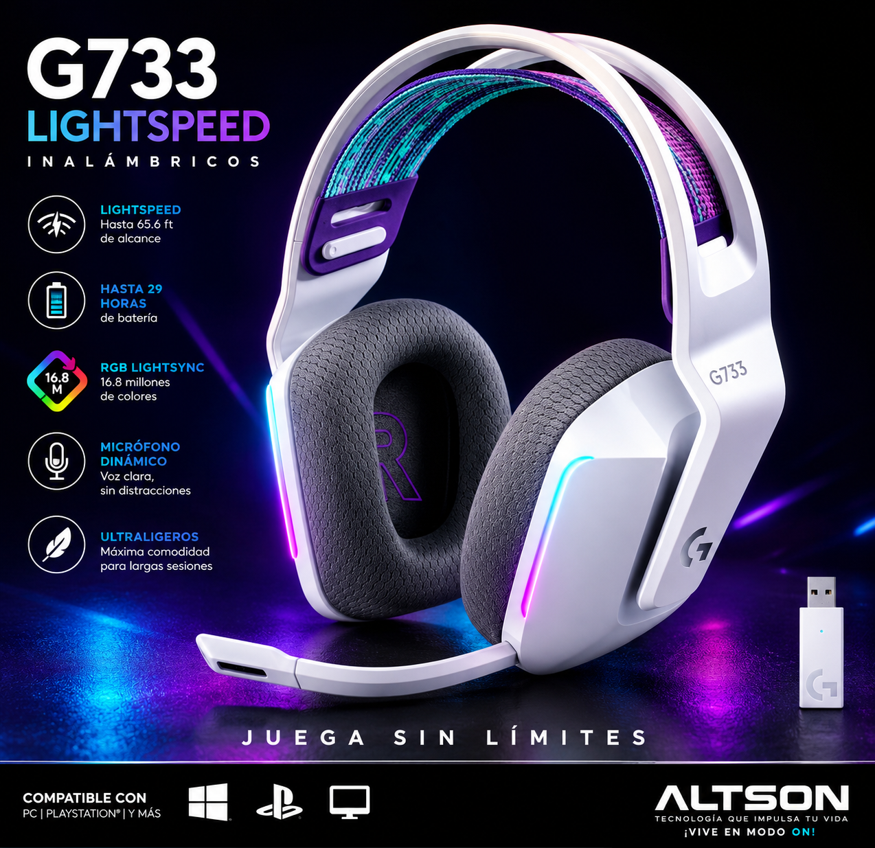 Audífonos Gaming Inalámbricos Logitech G733 Lightspeed Blanco