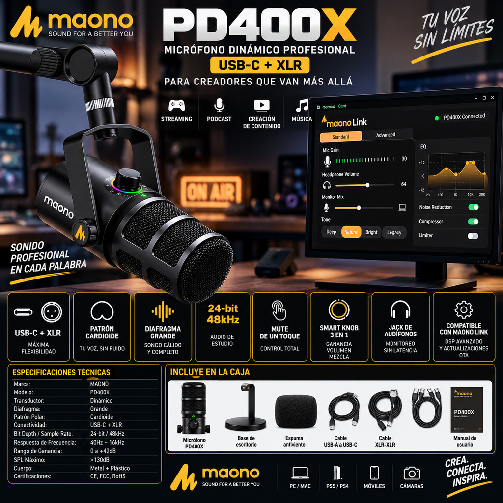 MAONO PD400X USB/XLR Dynamic Microphone | Large Diaphragm | Cardioid | 24-bit | Podcast & Streaming
