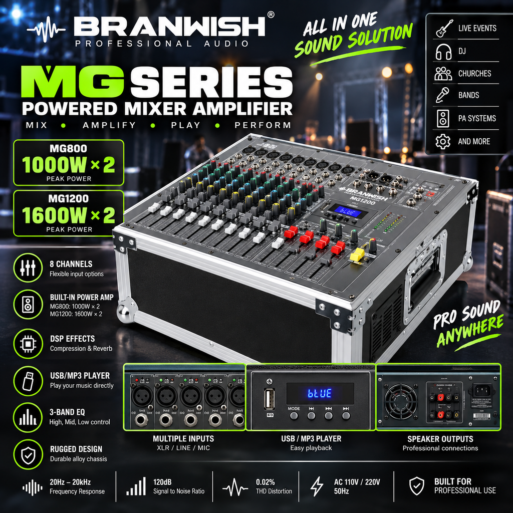 MG800–1600W Powered Audio Mixer | 8-Channel | Mezcladora Amplificada
