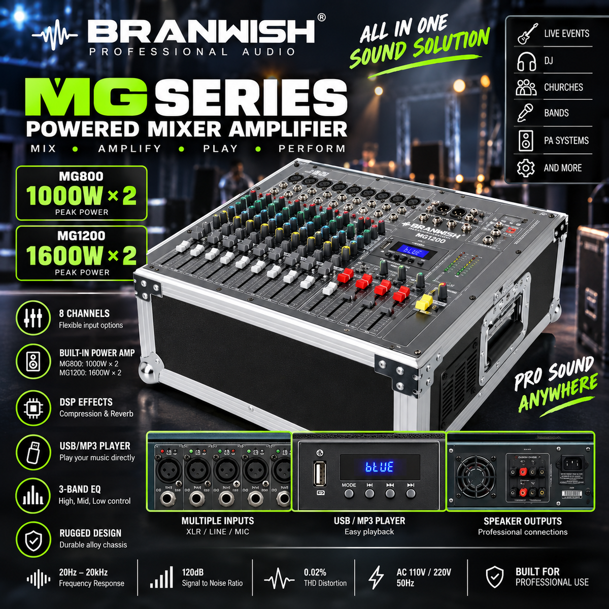 MG800–1600W Powered Audio Mixer | 8-Channel | Mezcladora Amplificada