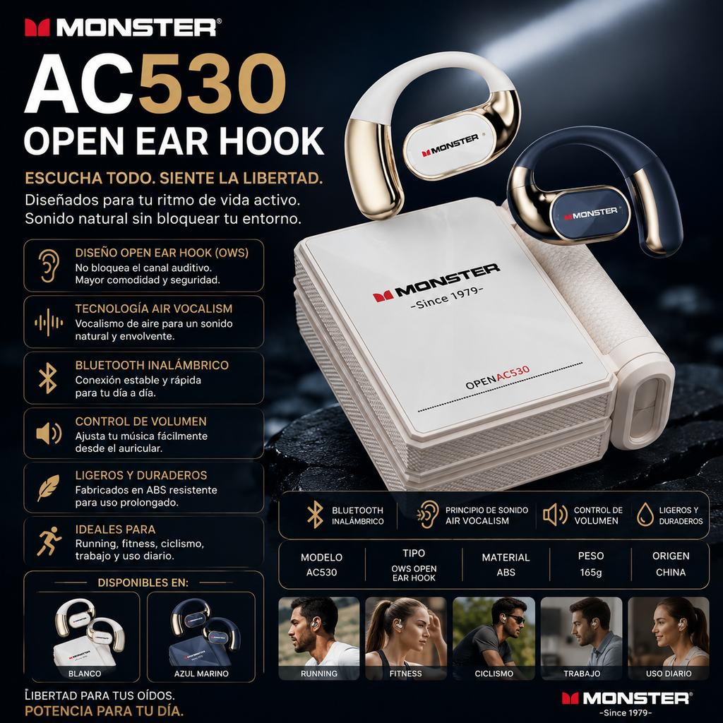 Monster AC530 - Auriculares Open Ear Bluetooth | OWS Ear Hook | Running y Fitness
