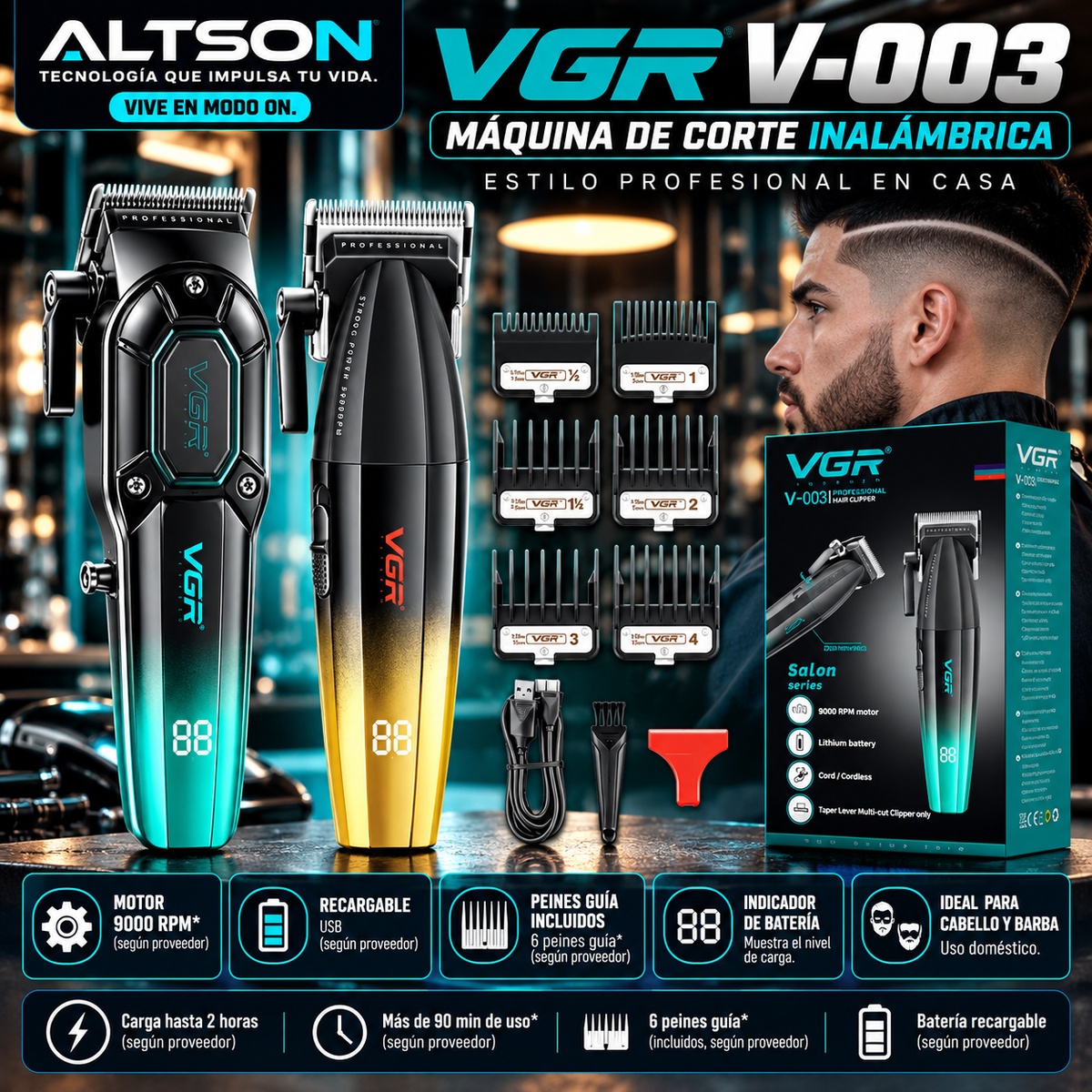 VGR V-003 Cordless Hair Clipper | USB Options / Máquina de corte VGR V-003