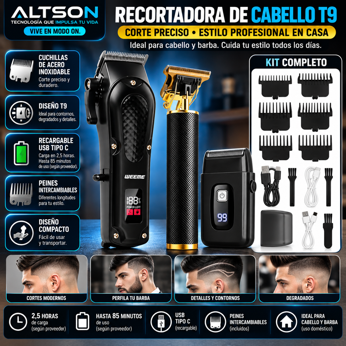 T9 Rechargeable Hair Clipper | USB-C Beard & Hair Trimmer / Recortadora T9 recargable