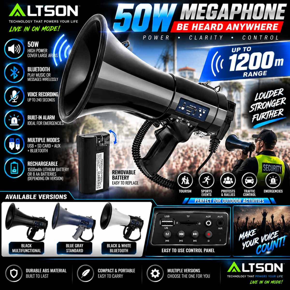 Megáfono Portátil Bluetooth 50W con Grabación, Alarma y Alcance 1200m