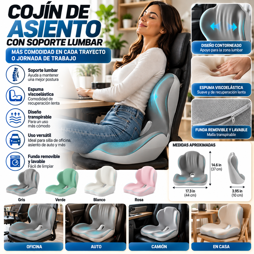 Memory Foam Seat Cushion | Lumbar Back Support | Office & Car / Cojín Ergonómico