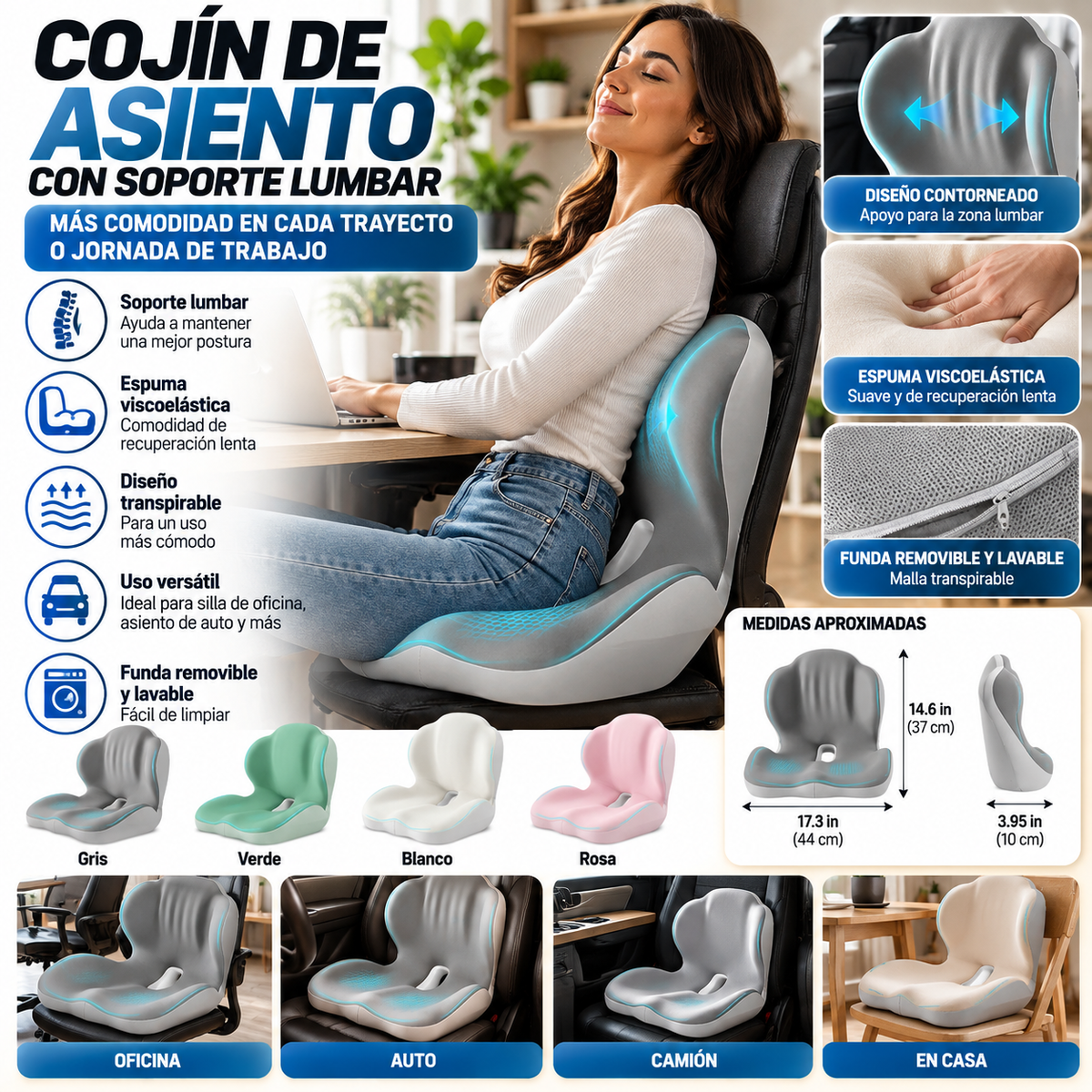 Memory Foam Seat Cushion | Lumbar Back Support | Office & Car / Cojín Ergonómico