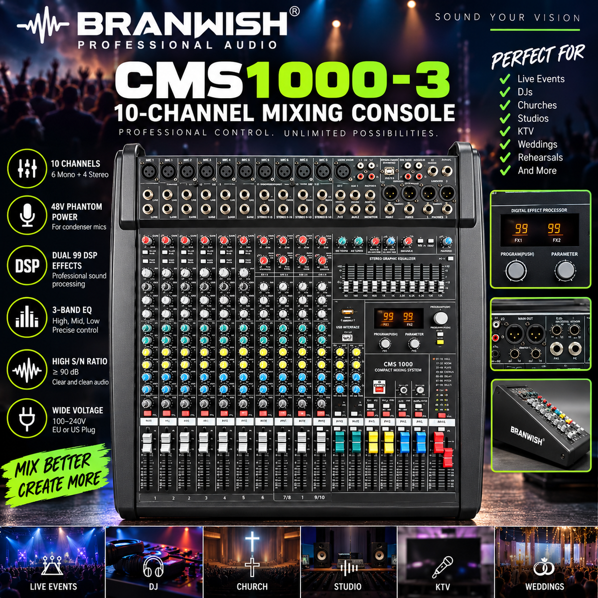 CMS1000-3 10-Channel Audio Mixer | 48V Phantom & DSP | Consola de Mezcla