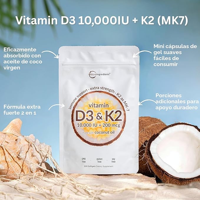 Micro Ingredients Vitamina D3 10,000 UI + K2 MK-7 200 mcg