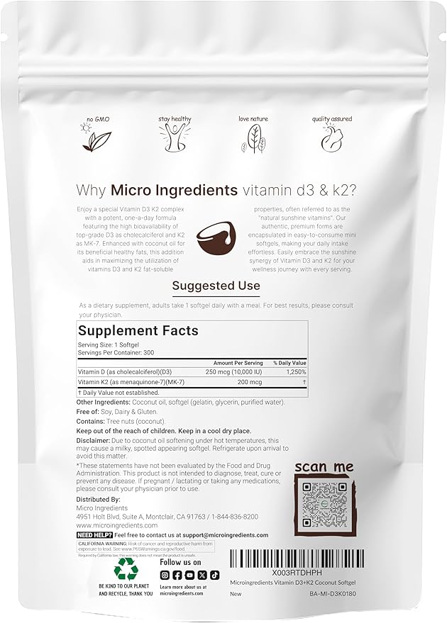 Micro Ingredients Vitamina D3 10,000 UI + K2 MK-7 200 mcg