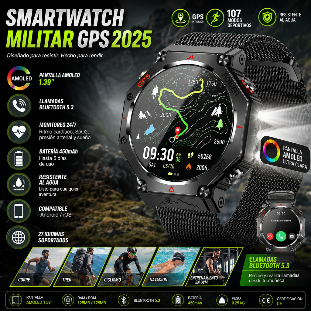 Military GPS Smartwatch 2025 | AMOLED 1.39" | 107 Sports Modes | Bluetooth Calling | Men Women | Smartwatch Militar GPS 2025 | 107 Modos Deportivos | Llamadas Bluetooth | Hombre Mujer