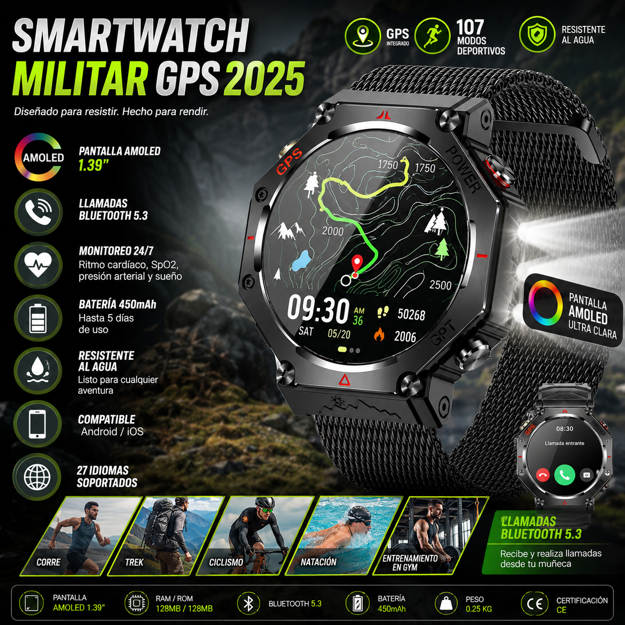 Military GPS Smartwatch 2025 | AMOLED 1.39" | 107 Sports Modes | Bluetooth Calling | Men Women | Smartwatch Militar GPS 2025 | 107 Modos Deportivos | Llamadas Bluetooth | Hombre Mujer