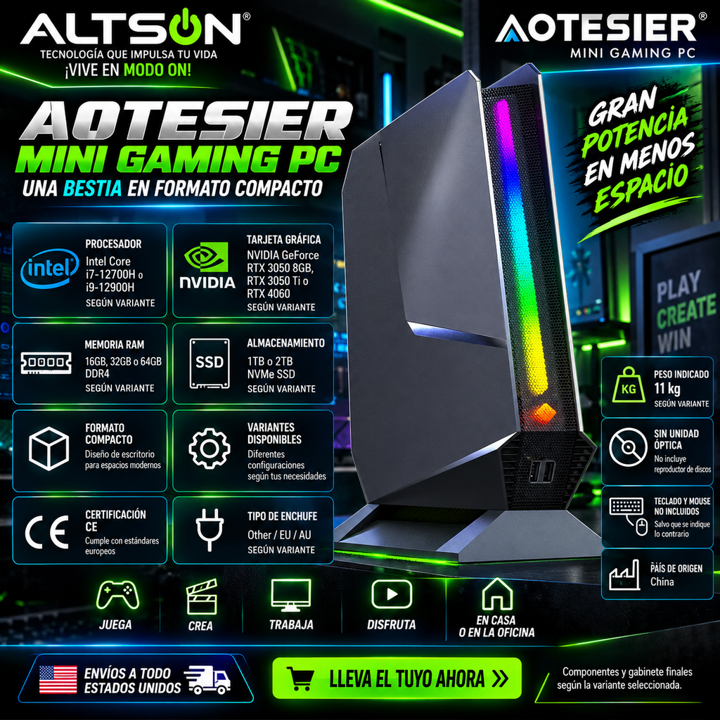 AOTESIER Gaming Mini PC | Intel i7/i9 & RTX 30/40 | PC Gamer