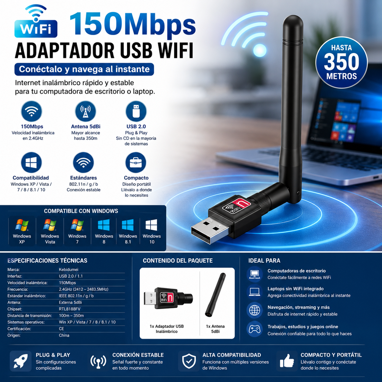 Mini USB WiFi Adapter 150Mbps – 2.4GHz Wireless Network Card with Antenna | PC & Laptop