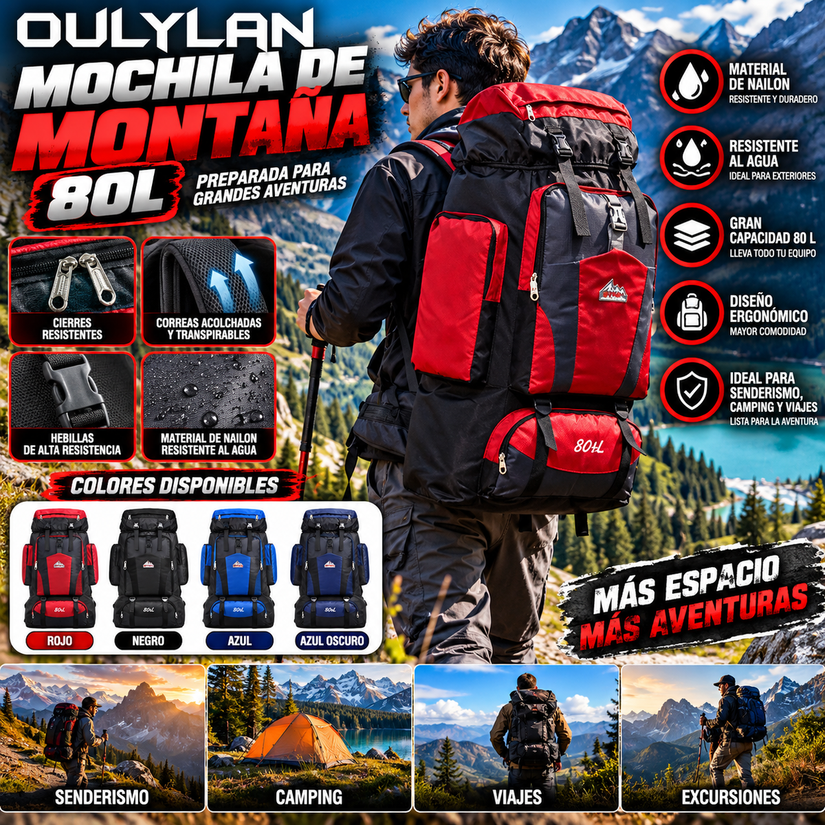 80L Nylon Hiking Backpack | Outdoor Travel / Mochila de montaña