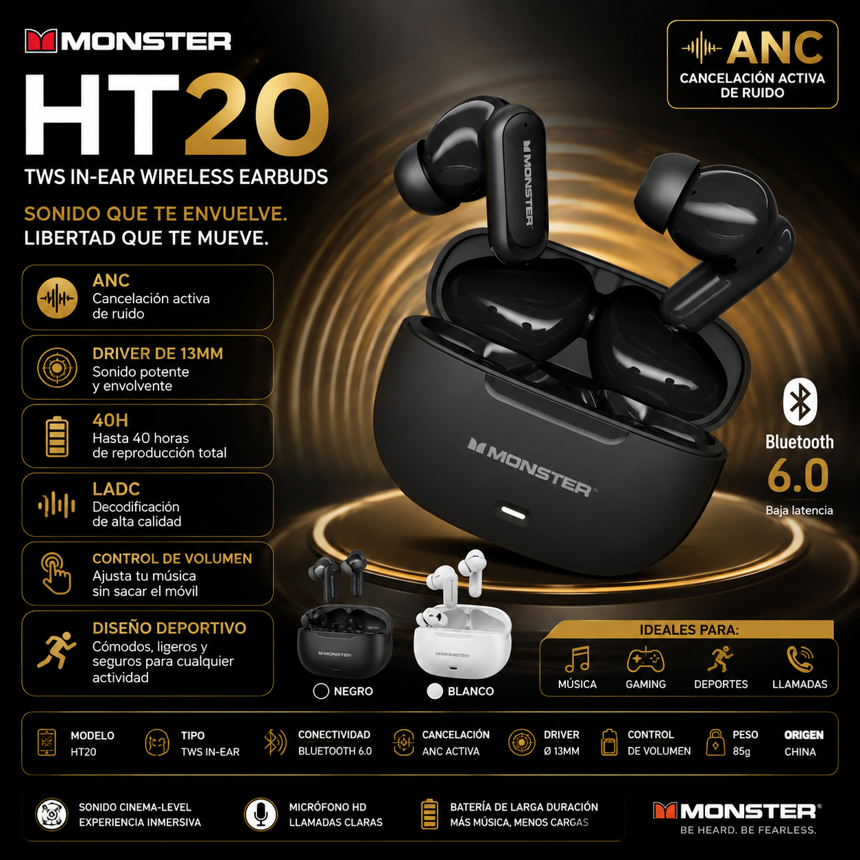 Monster HT20 - Auriculares Inalámbricos Bluetooth 6.0 con ANC | TWS In-Ear