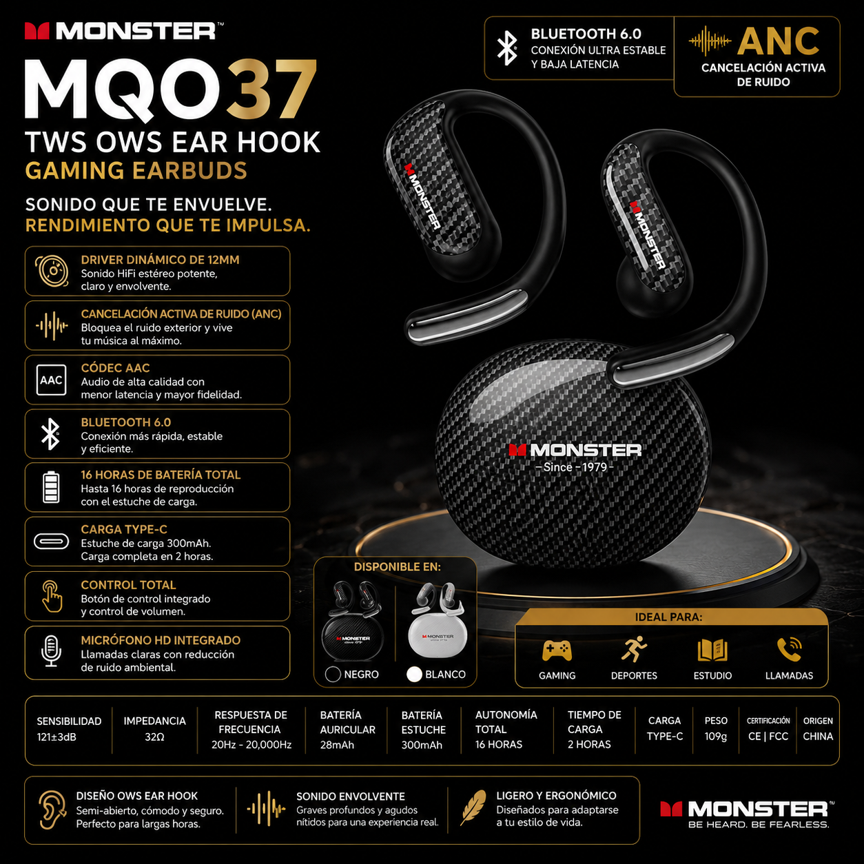 Monster MQO37 - Auriculares Gaming TWS Bluetooth 6.0 | ANC | OWS Ear Hook | HiFi