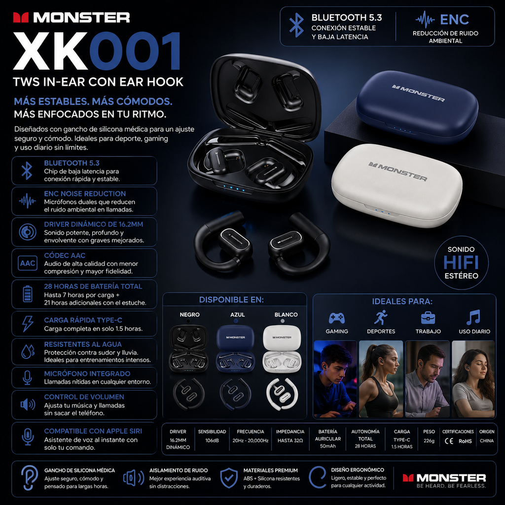 Monster XKO01 - Auriculares TWS Bluetooth 5.3 | 28h Batería | ENC | Ear Hook