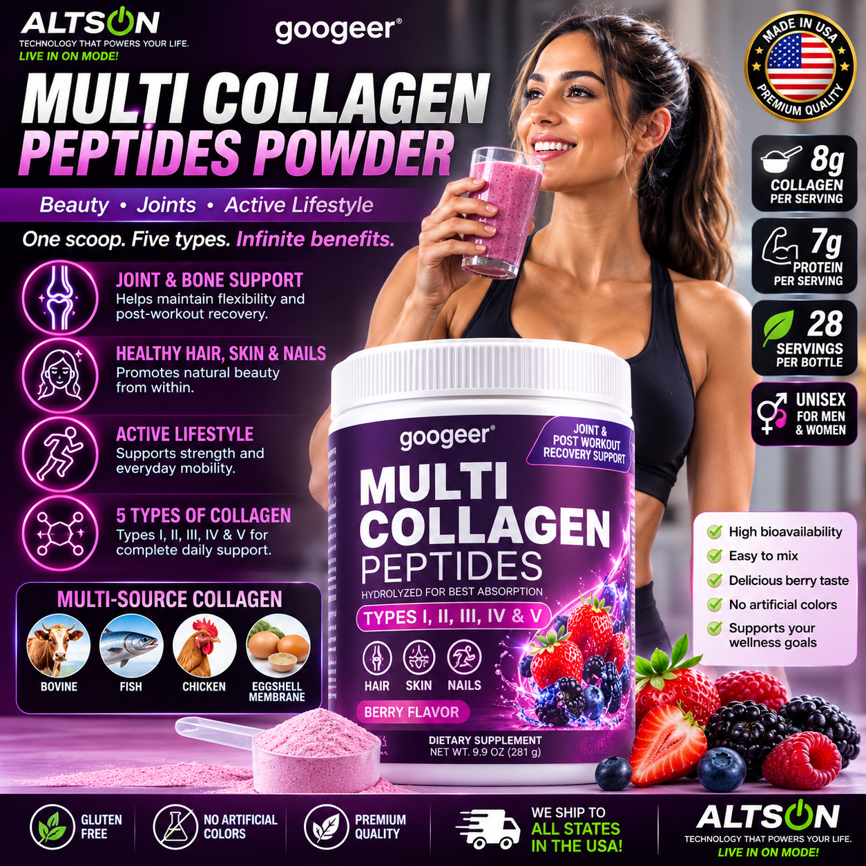 Multi Collagen Peptides Powder | Types I II III IV V | Hair, Skin, Nails & Joint Support | Berry Flavor | 28 Servings