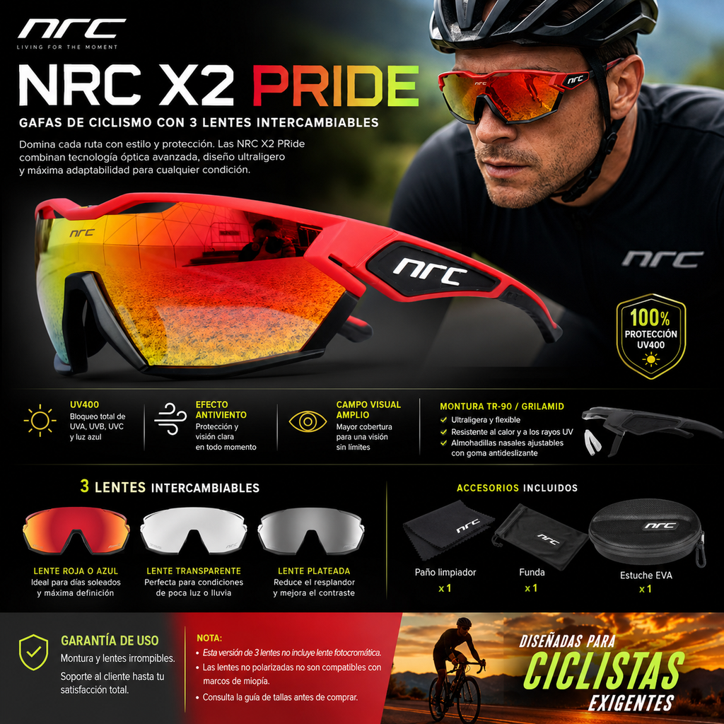 NRC X2 PRide Gafas de Ciclismo con 3 Lentes – Hombre/Mujer, MTB, Bicicleta, UV400