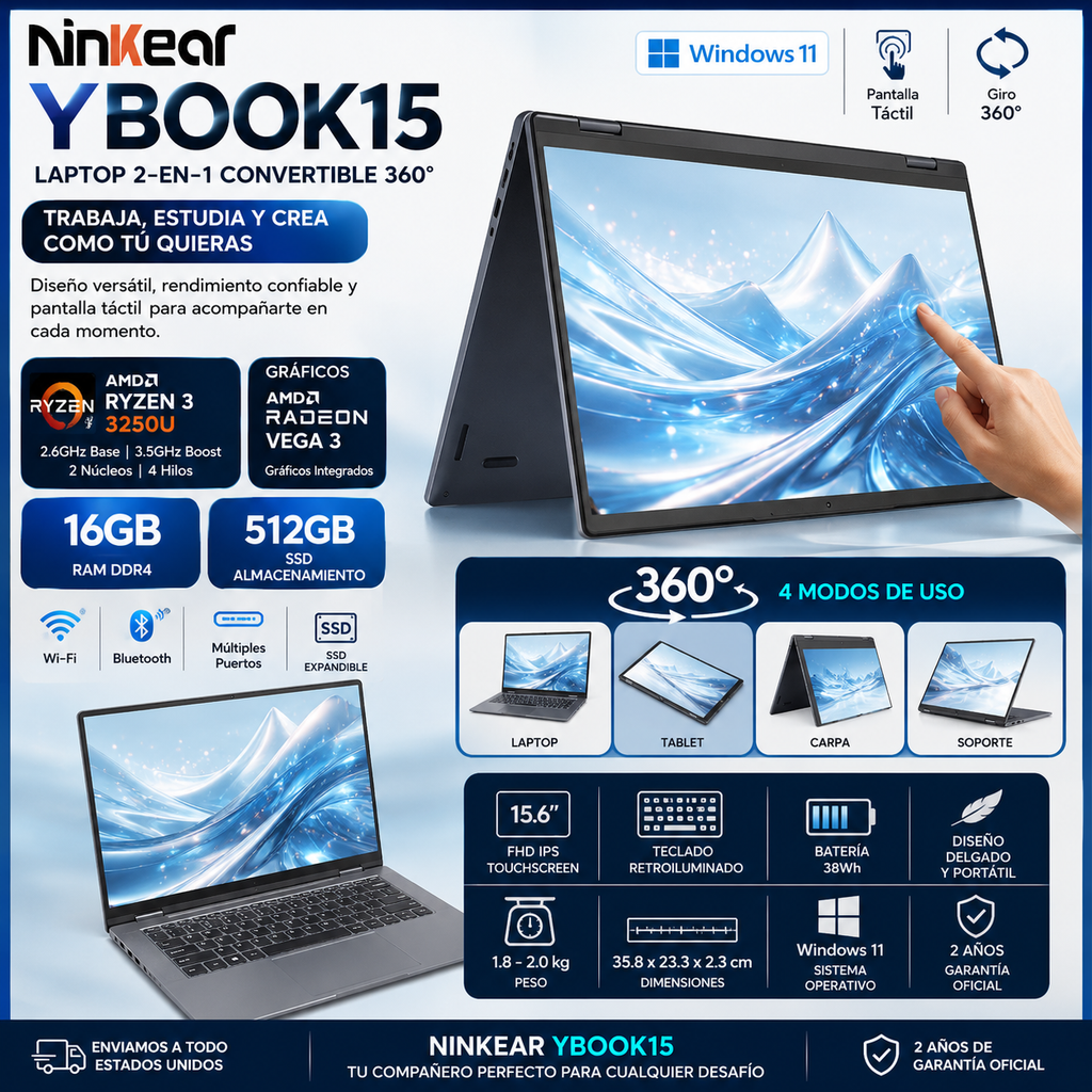 Ninkear YBook15 Laptop 2-in-1 15.6" | AMD Ryzen 3, 16GB RAM, 512GB SSD | Touch 360°, Windows 11