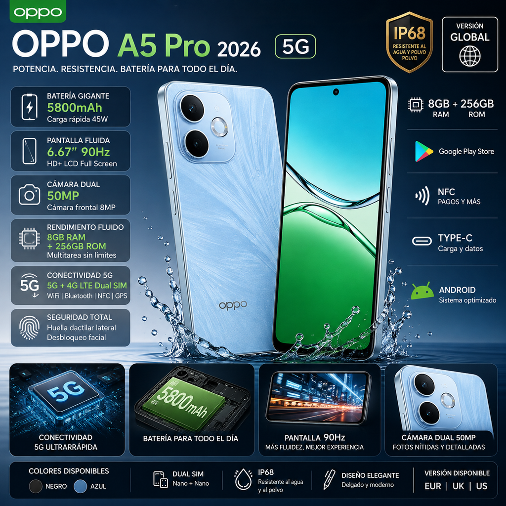 OPPO A5 Pro 2026 | 5G | 8GB+256GB | 6.67" 90Hz | 50MP Dual Camera | 5800mAh 45W | NFC | IP68 | Dual SIM | Global Version