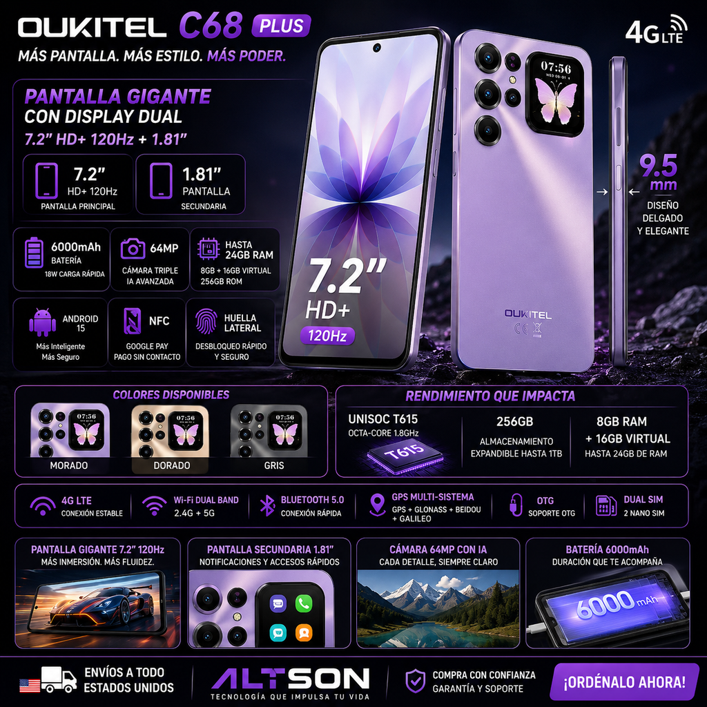 OUKITEL C68 Plus | Smartphone 4G 6000mAh 64MP 7.2" Dual Display | NFC Android 15