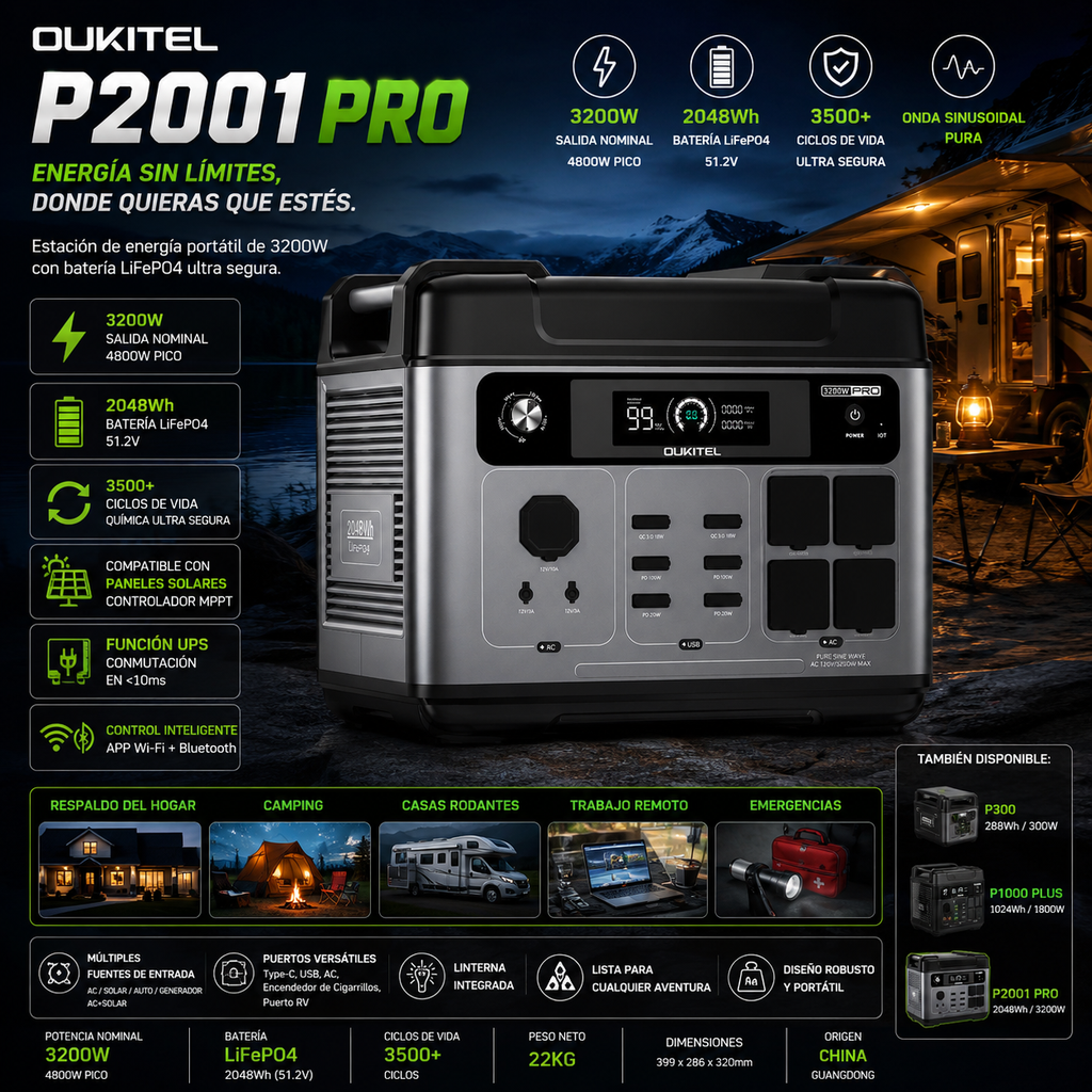 OUKITEL P2001 Pro | Estación de Energía Portátil 3200W 2048Wh LiFePO4 | Solar Generator