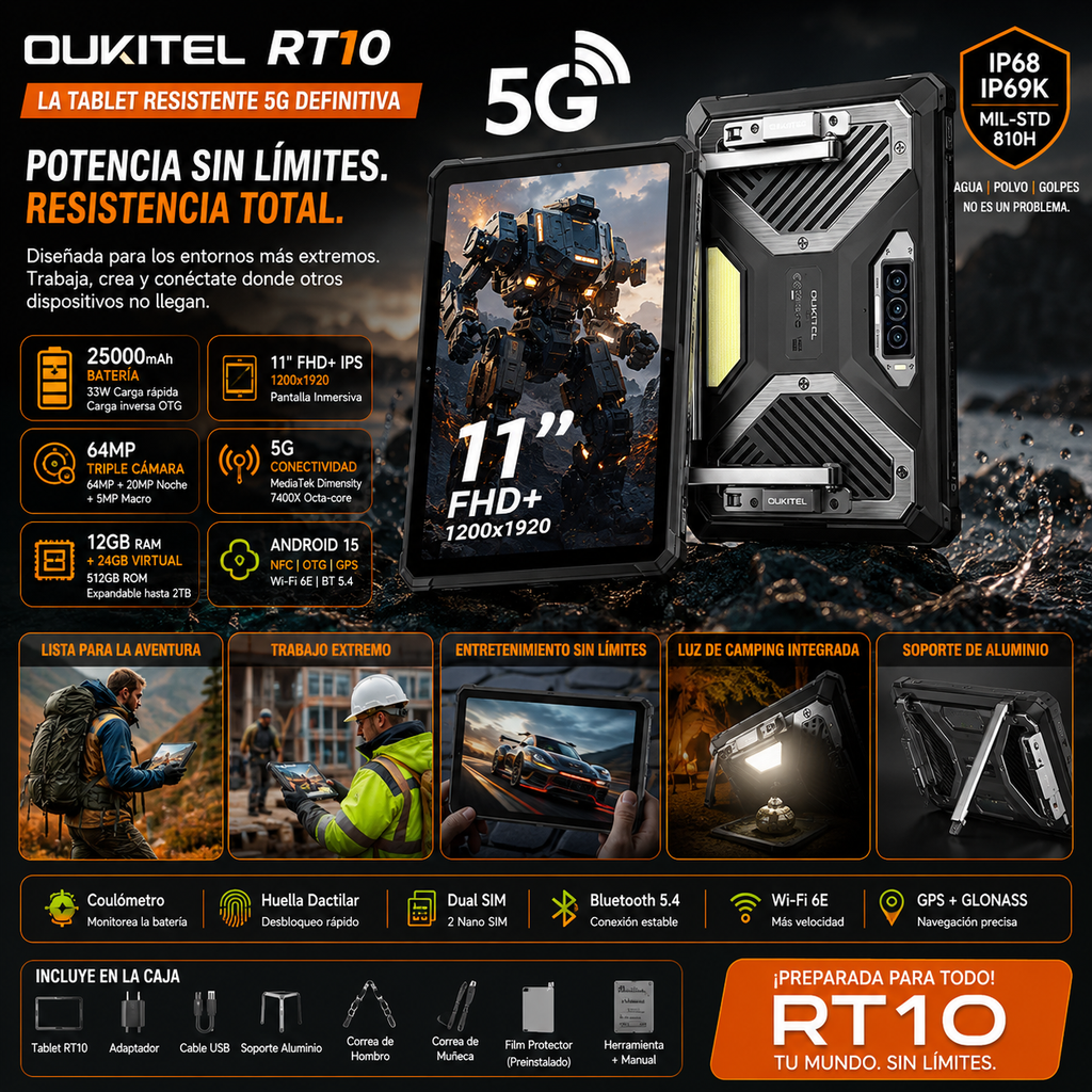 OUKITEL RT10 | Rugged Tablet 5G 25000mAh 64MP 11" FHD | Android 15 con Soporte