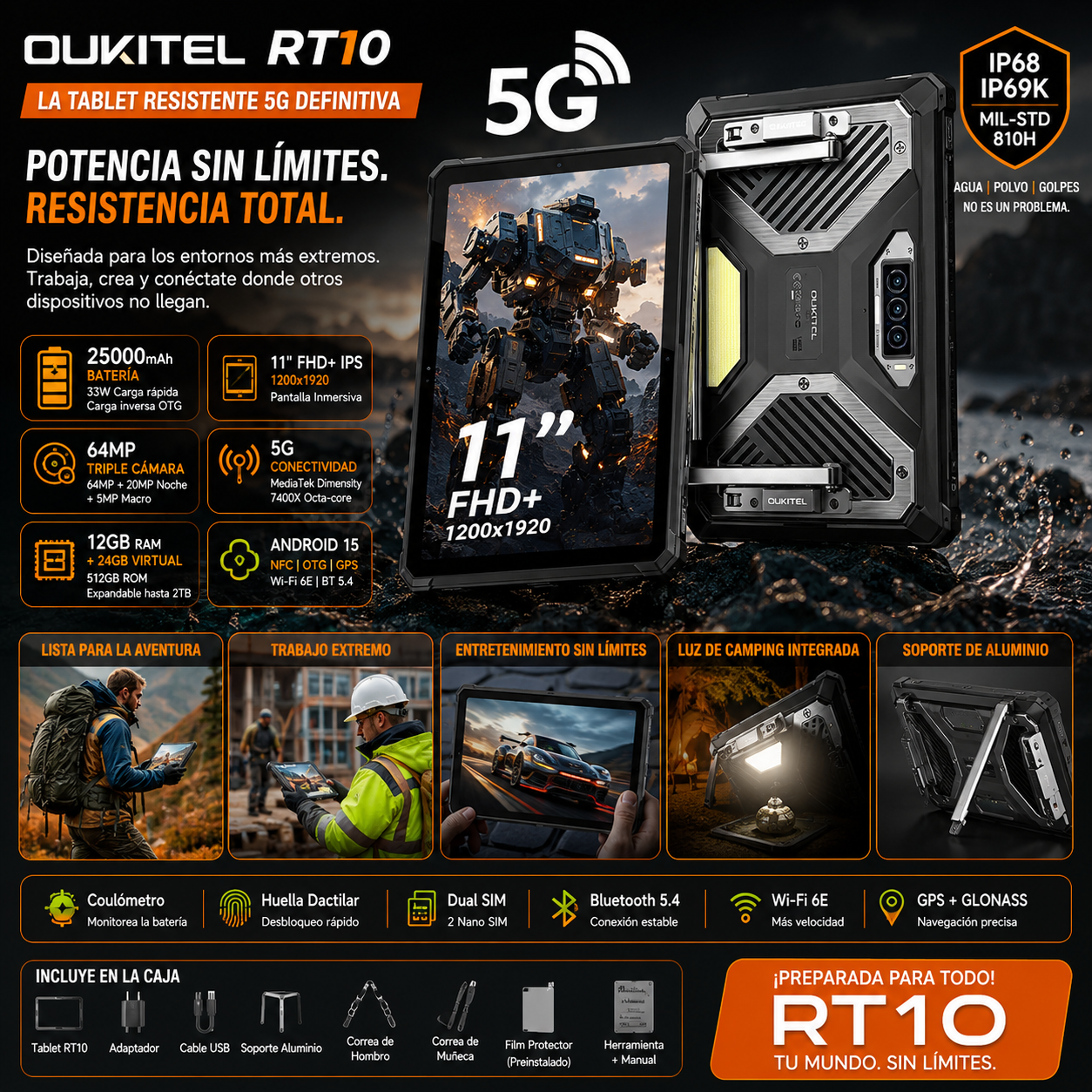 OUKITEL RT10 | Rugged Tablet 5G 25000mAh 64MP 11" FHD | Android 15 con Soporte