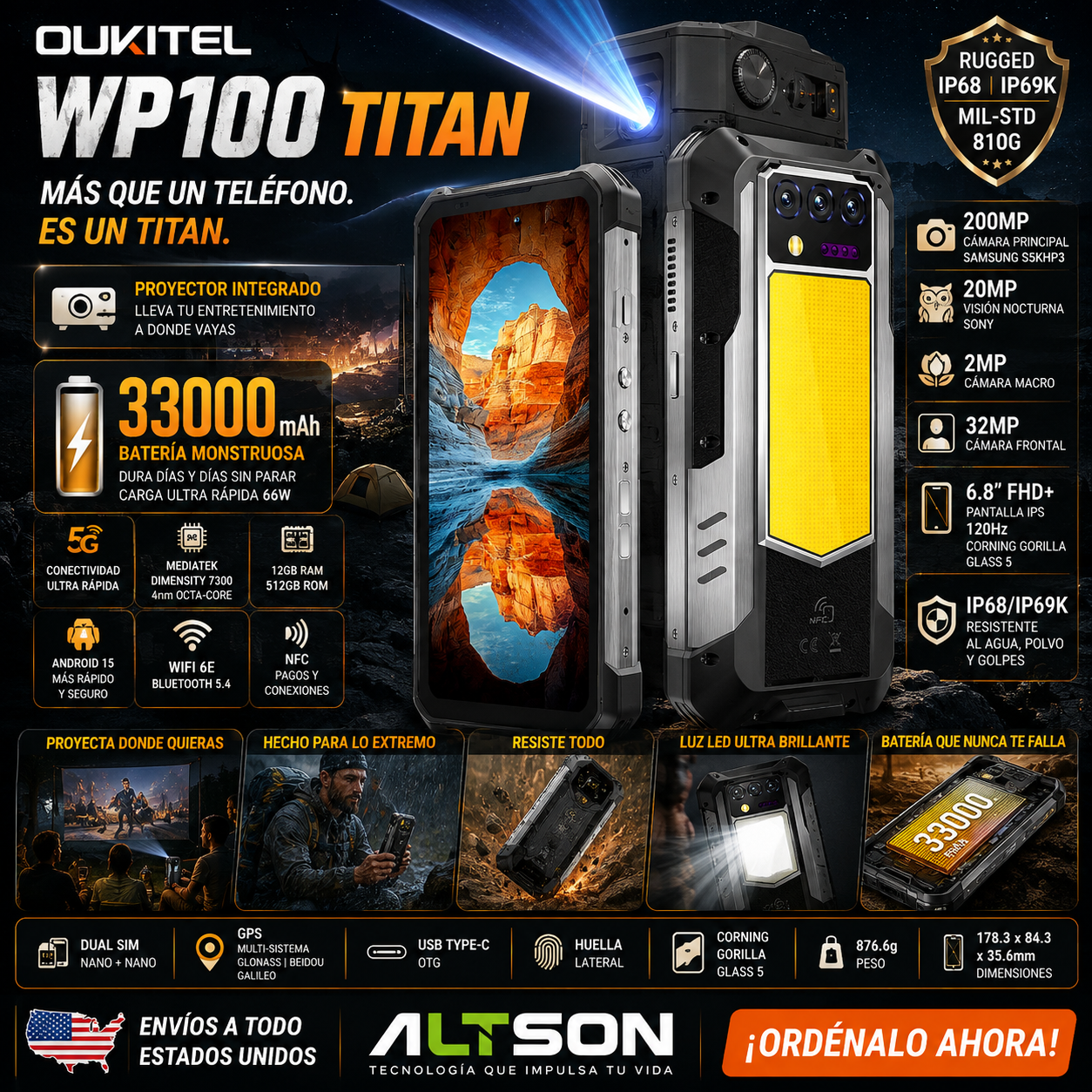 OUKITEL WP100 Titan | Rugged Smartphone 5G Proyector 200MP 33000mAh 66W | Android 15 NFC