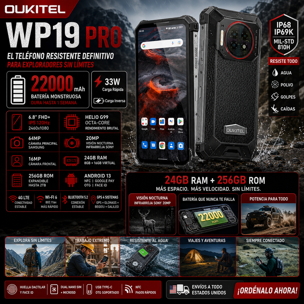 OUKITEL WP19 Pro | Rugged Phone 4G 22000mAh 64MP 120Hz | Helio G99 NFC Android 13