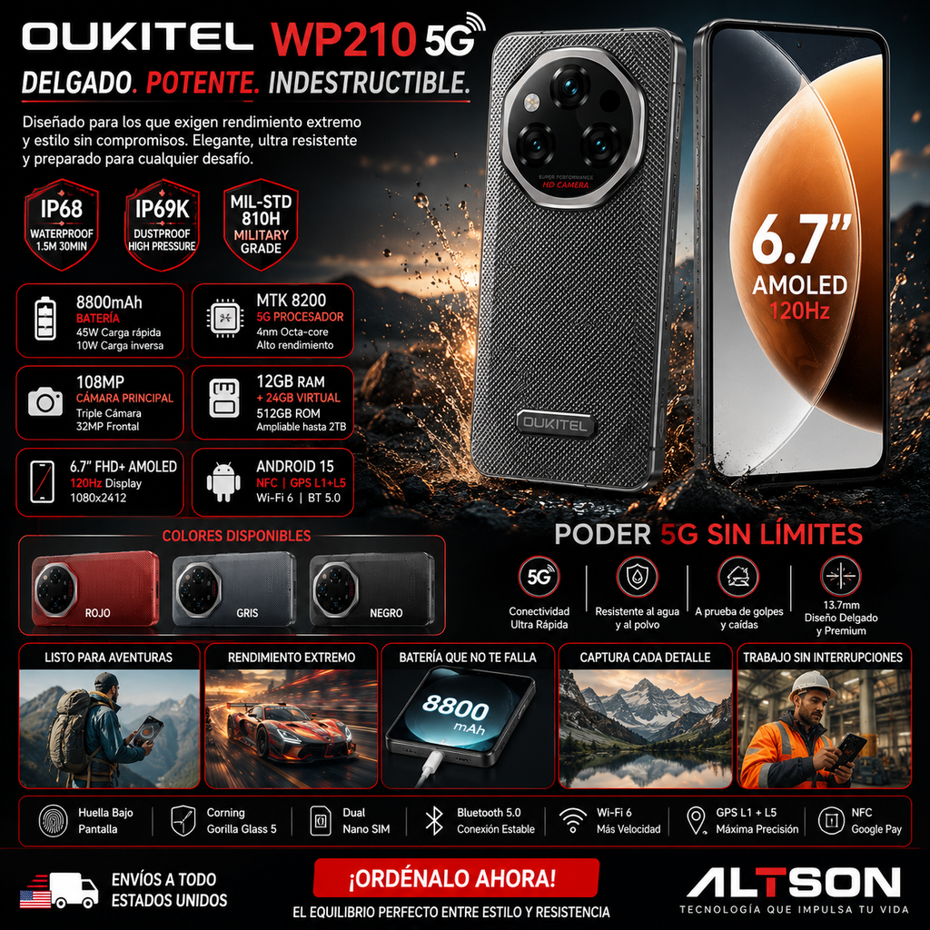 OUKITEL WP210 | Rugged Smartphone 5G 8800mAh 108MP 120Hz | Android 15 NFC 45W