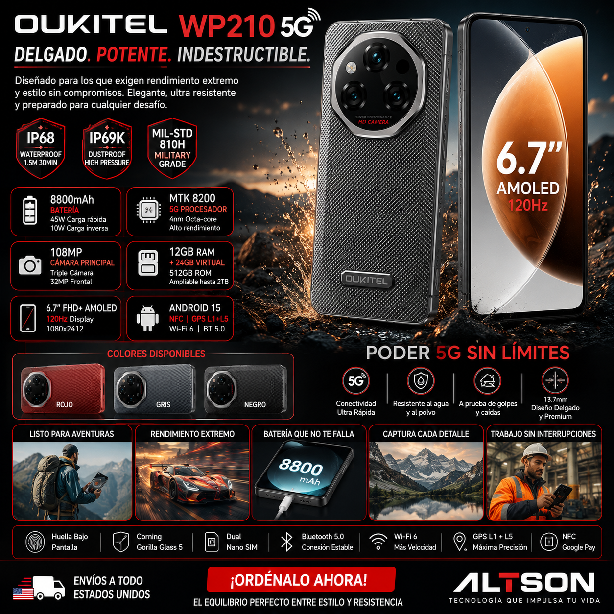 OUKITEL WP210 | Rugged Smartphone 5G 8800mAh 108MP 120Hz | Android 15 NFC 45W