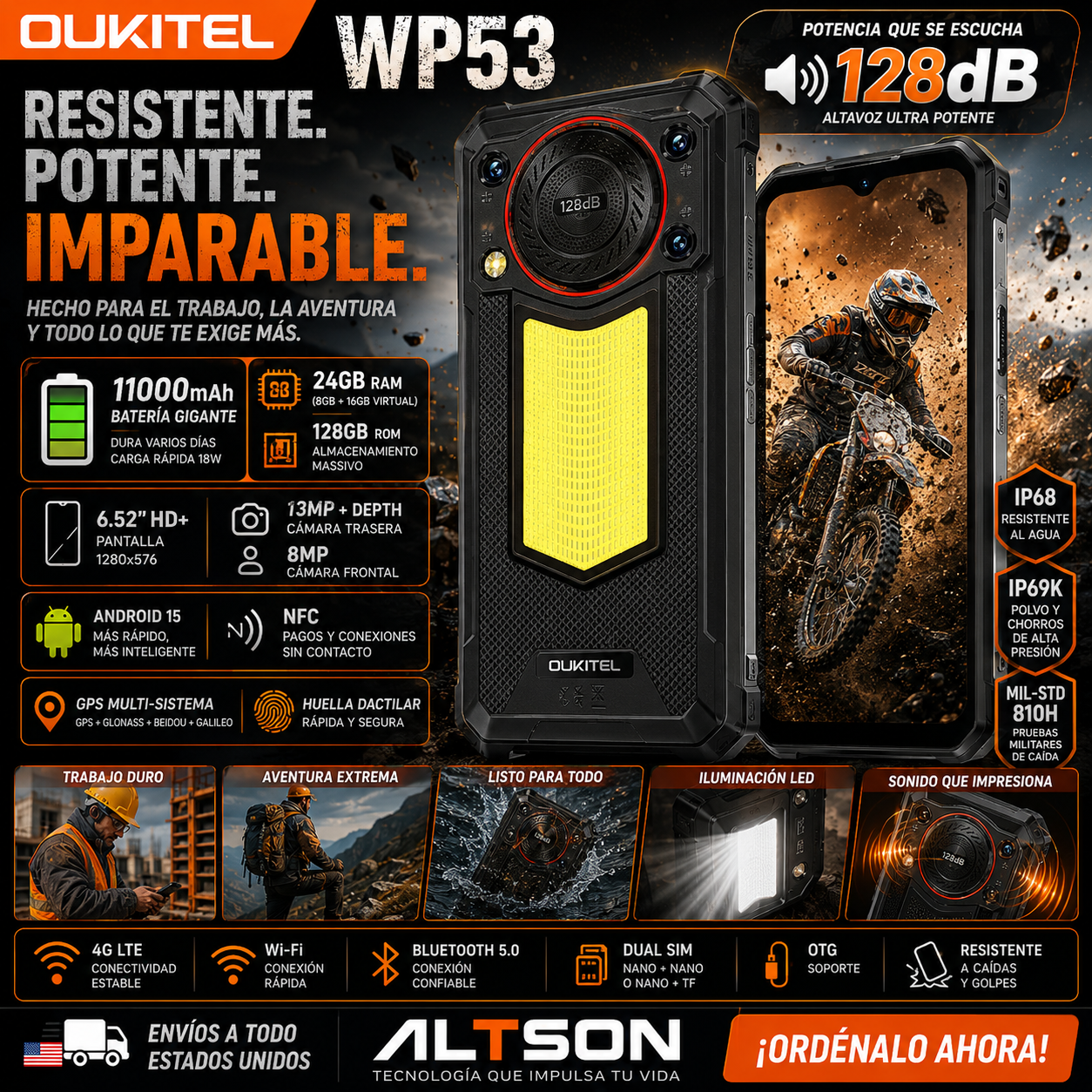 OUKITEL WP53 | Rugged Phone 4G 11000mAh 13MP Android 15 | NFC IP68 128dB
