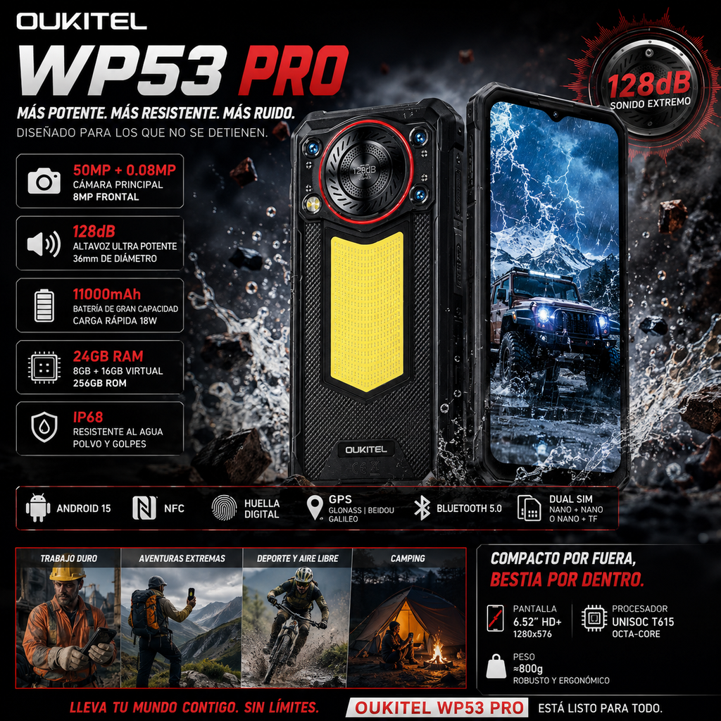 OUKITEL WP53 Pro | Rugged Phone 4G 11000mAh 50MP 128dB Android 15 | NFC IP68