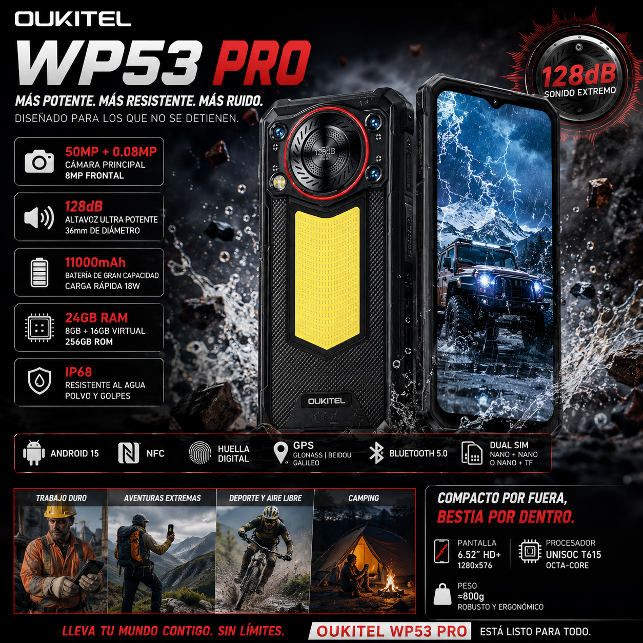 OUKITEL WP53 Pro | Rugged Phone 4G 11000mAh 50MP 128dB Android 15 | NFC IP68