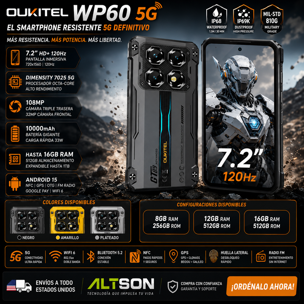 OUKITEL WP60 | Rugged Smartphone 5G 10000mAh 108MP 120Hz | Android 15 NFC
