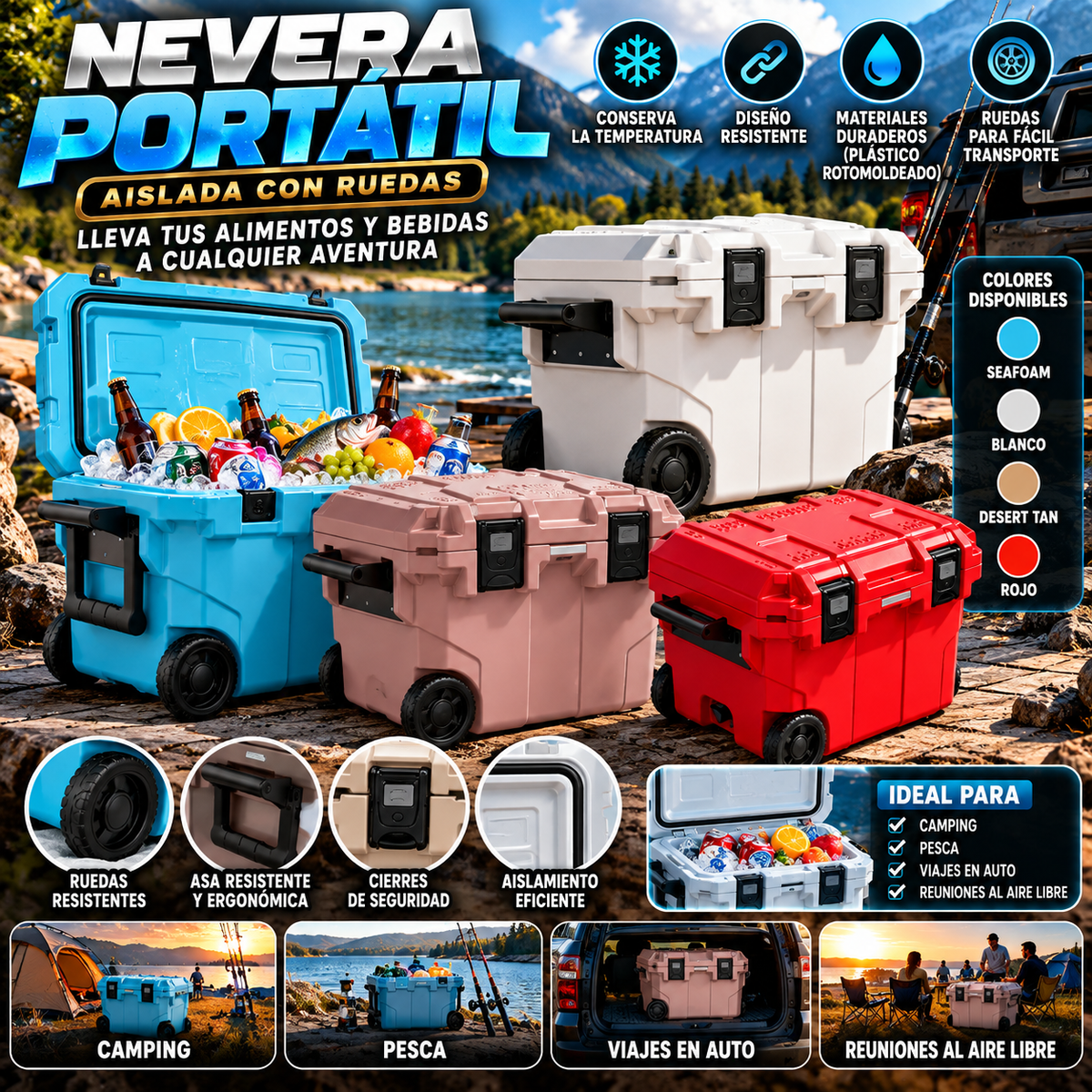 Outdoor Insulated Cooler with Wheels | Nevera portátil con ruedas