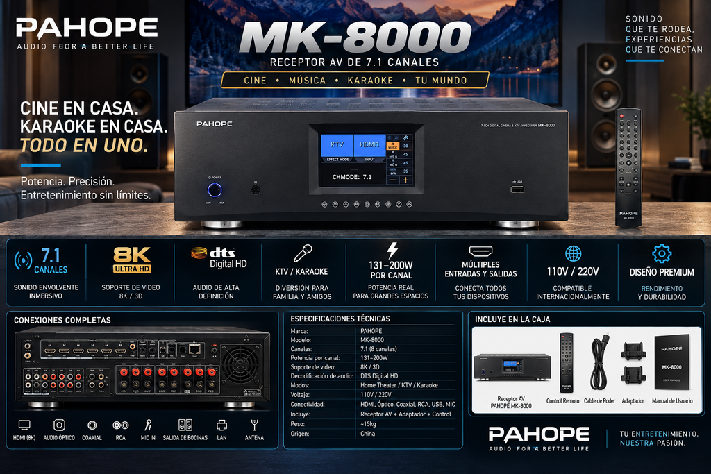 PAHOPE MK-8000 7.1 Home Theater AV Receiver | 8K 3D | DTS Digital HD | Karaoke | 110V & 220V