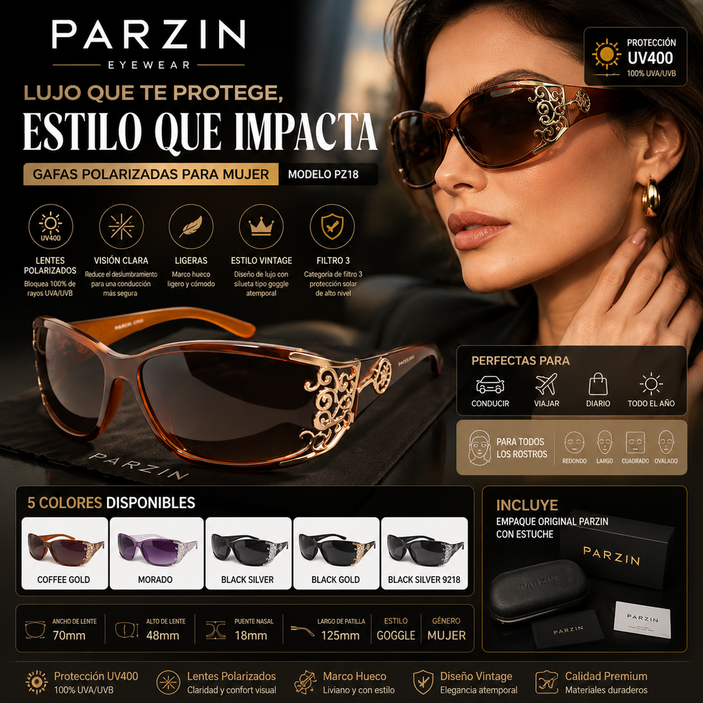 PARZIN Gafas de Sol Polarizadas para Mujer | Marco Hueco Vintage | Modelo PZ18