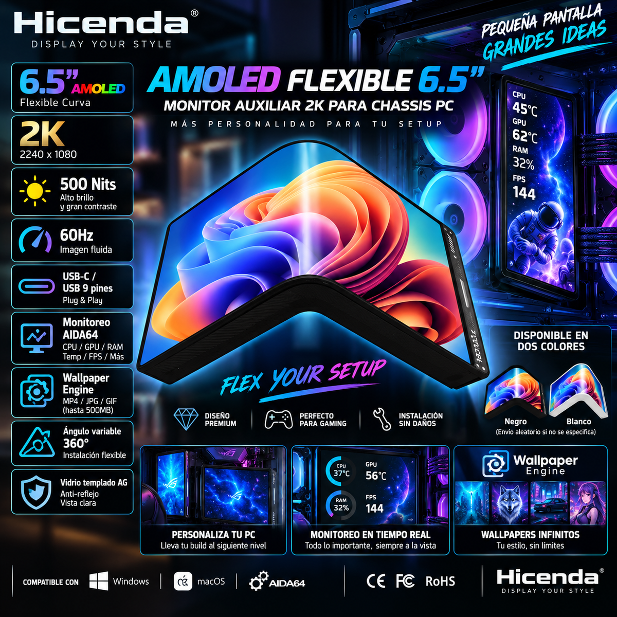 Hicenda | Pantalla AMOLED Flexible 6.5" 2K | Monitor Auxiliar Gaming 360° | Curva | PC Chassis | altson.shop