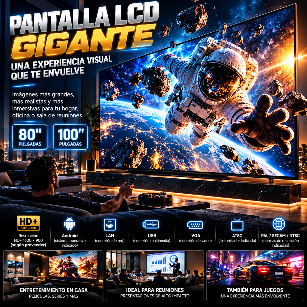 Large LCD Display | 80- or 100-Inch Options / Pantalla LCD grande de 80 o 100 pulgadas